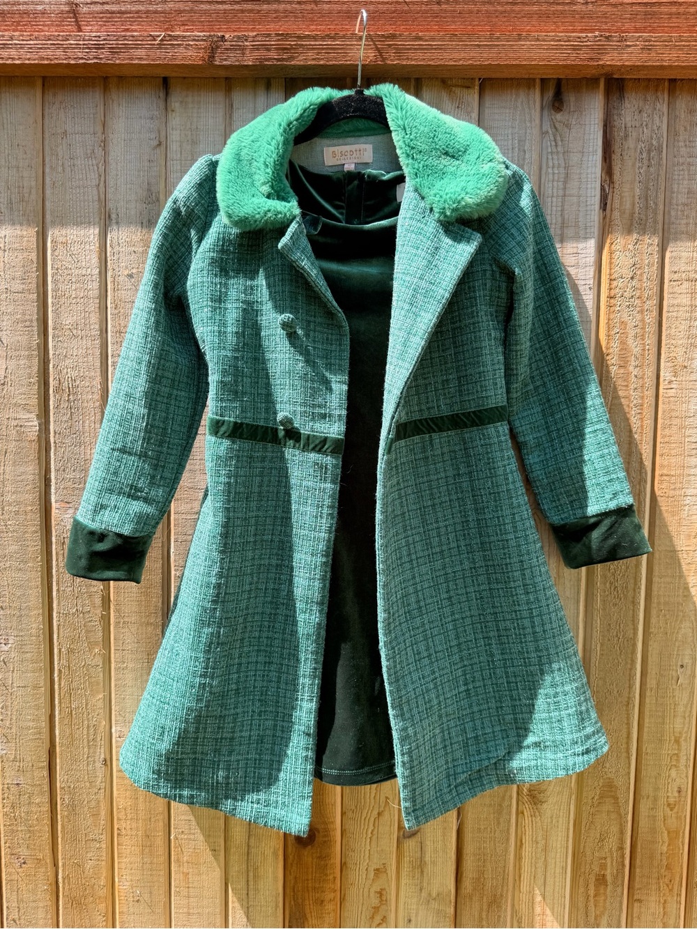 Green Tweed Coat with Faux Fur Collar